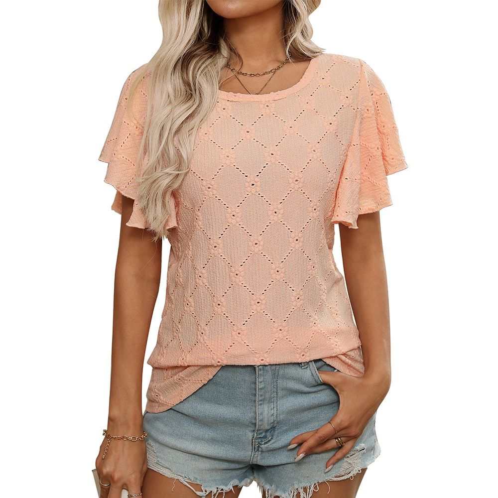 Women's Floral Embroidery Hollow Out Short Sleeve T-Shirt - Summer Fashion Blouse With Flounce Sleeve_ecoleips.com