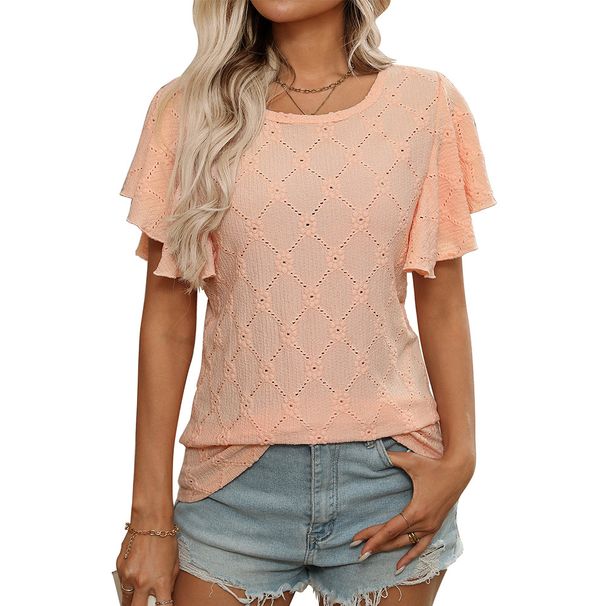 Women's Floral Embroidery Hollow Out Short Sleeve T-Shirt - Summer Fashion Blouse With Flounce Sleeve_ecoleips.com