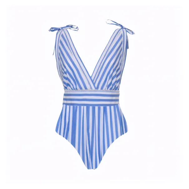 2025 Flaxmaker New Women Swimwear Bowknot Striped One Piece Swimsuit V-neck Bathing Swimming Suit Summer Beachwear Bodysuit_ecoleips.com