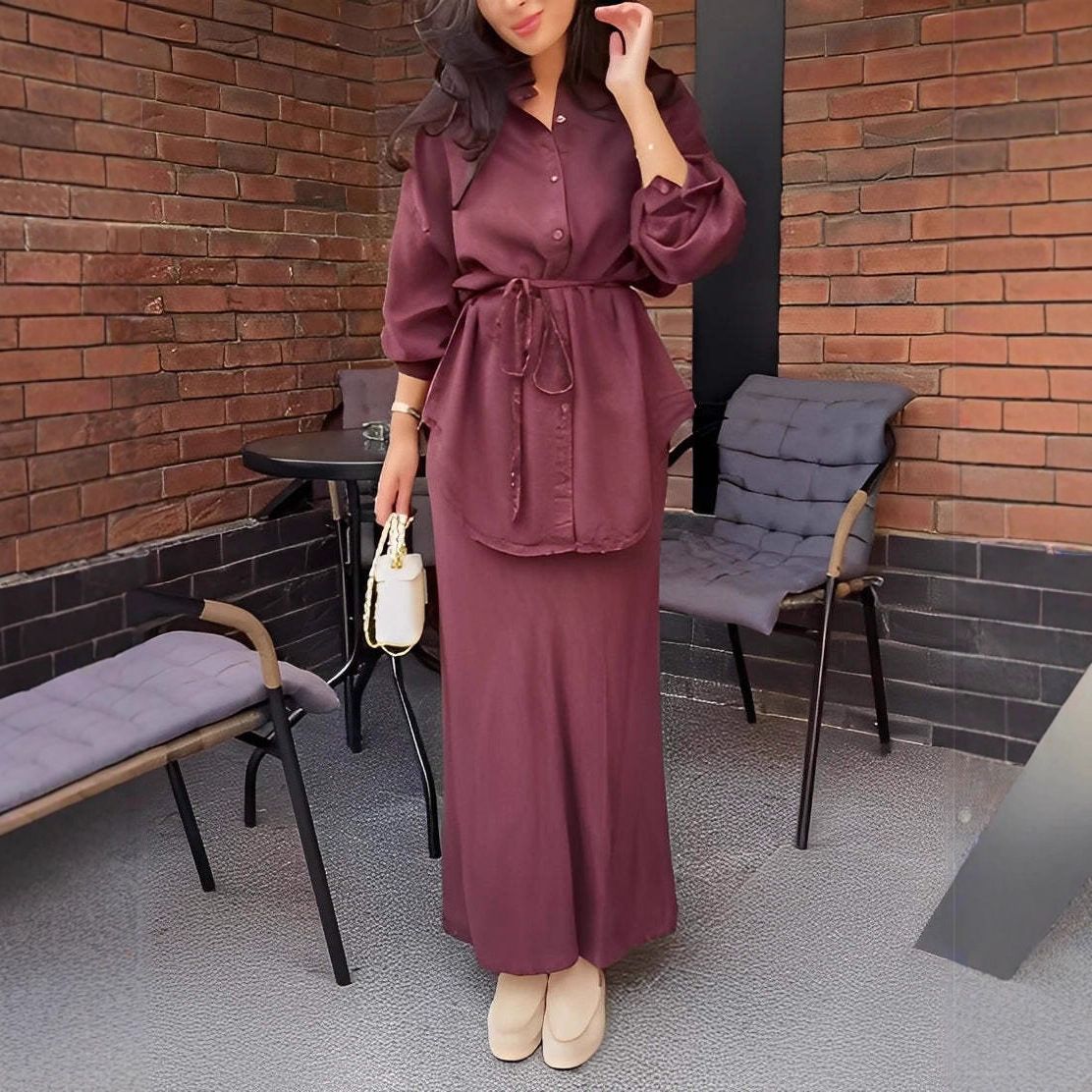 Women's Clothing Autumn New Arrival: Elegant Anti Denim Long Sleeve Shirt + Slim Fit Midi Skirt_ecoleips.com