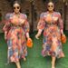 Plus Size Floral Maxi Dress – V-Neck & Lantern Sleeves (L-XXXL, Abstract Print, Polyester, Sweet & Elegant For Women)_ecoleips.com