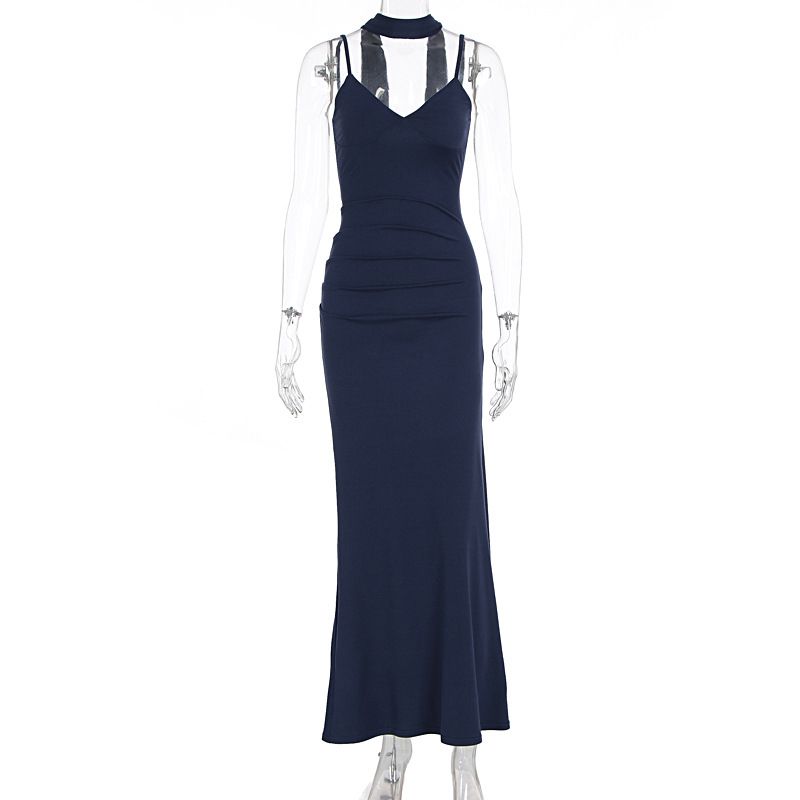 Women's Clothing Women's Slim Fit Long Dress Style Round Neck Spaghetti Strap Solid Color Spring Summer Sexy Casual Dress_ecoleips.com