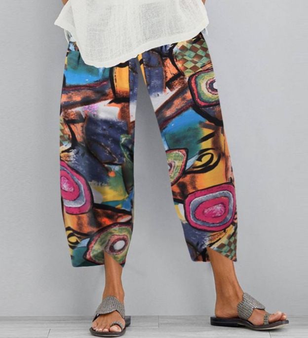 Women's Printed Linen-Cotton Pants – Loose Fit Casual Cropped Trousers With Pockets (S-5XL) – Artistic Floral/Abstract Patterns_ecoleips.com