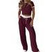 Women's Breathable Cotton Short Sleeve Top Wide-Leg Pants Set Casual Loungewear Workout Office Outfit_ecoleips.com