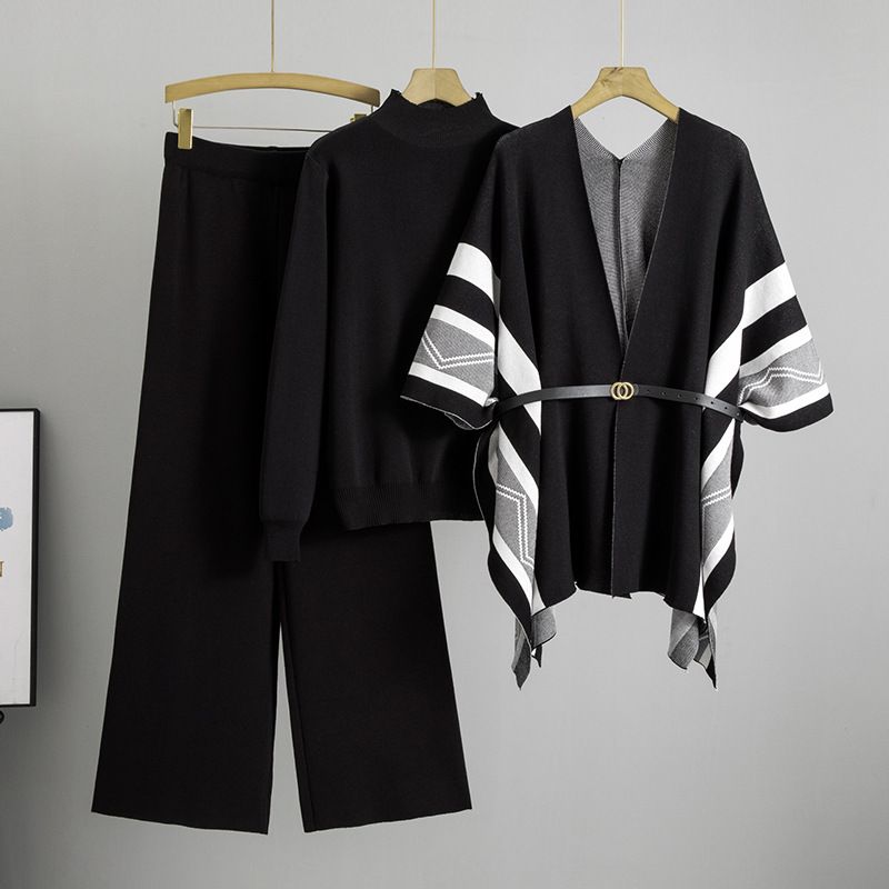 Women's Clothing Fashion Knitted Shawl Cardigan Turtleneck Sweater Wide Leg Pants Three Piece Set_ecoleips.com