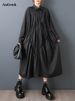 Oversized Black Vintage Pleated Shirt Dresses For Women New Long Sleeve Loose Casual Dress Elegant Clothing Spring Autumn 2025_ecoleips.com
