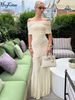 Hugcitar Slash Neck Solid Short Sleeve Patchwork Mesh Ruched Sexy Maxi Dress See Through Women Elegant Outfits Party Holiday_ecoleips.com