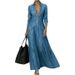 Retro American Style Women's Denim Dress High Waist Cinching Long Summer Fashion Dress_ecoleips.com
