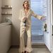 European And American Cross-Border New Satin Loose Lace Sleeve Long Pants Pajamas Two-Piece Set Autumn Women's_ecoleips.com