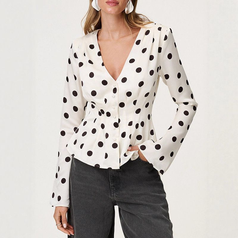 Women's Polka Dot Slim Fit Cardigan T-Shirt V Neck Pleated Fashion Top for Hot Girl Foreign Trade Cross Border Wholesale_ecoleips.com
