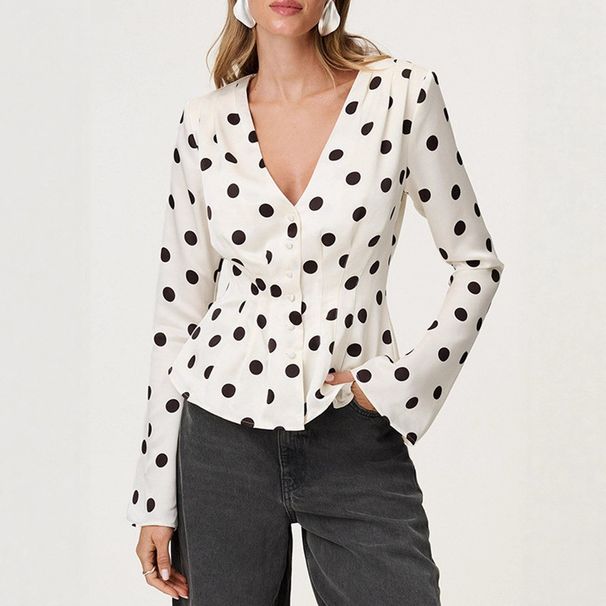 Women's Polka Dot Slim Fit Cardigan T-Shirt V Neck Pleated Fashion Top for Hot Girl Foreign Trade Cross Border Wholesale_ecoleips.com