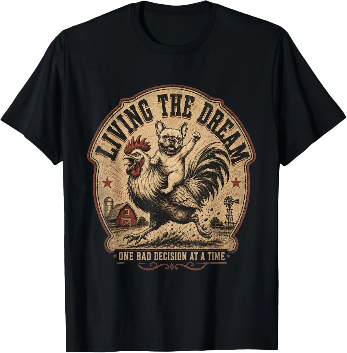 Women's T-Shirts Funny French Bulldog Riding Rooster Living The Dream Farm T-Shirt_ecoleips.com