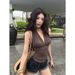 Spicy Girl Halter Neck Black Camisole For Women, Summer Low V-Neck Sleeveless Backless Inner Wear Mesh Short Top_ecoleips.com