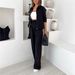 plus Size Women's Autumn Two Piece Set Color Block European American Style Long Sleeved Top High Waisted Wide Leg Pants_ecoleips.com