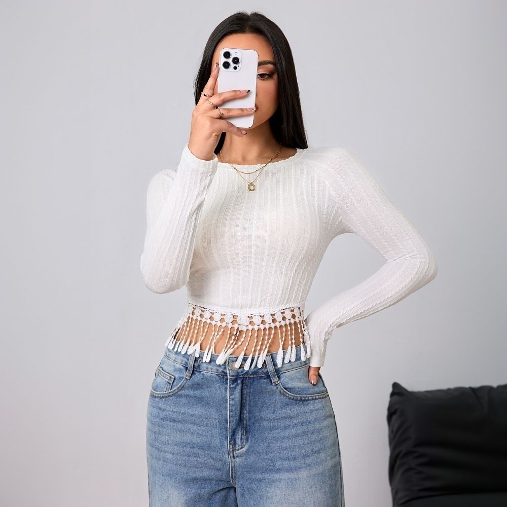 Voya Women's Clothing 2026 Spring/summer New Style Simple And Intellectual T-shirt With Tassel Design, Slim Fit And Slimming Top_ecoleips.com