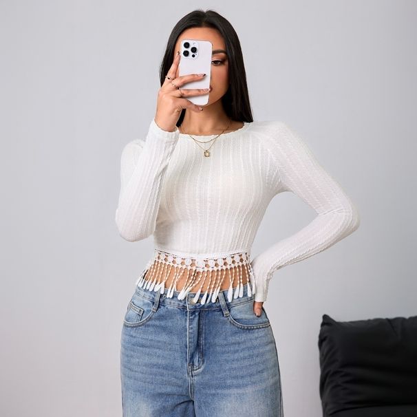 Voya Women's Clothing 2026 Spring/summer New Style Simple And Intellectual T-shirt With Tassel Design, Slim Fit And Slimming Top_ecoleips.com