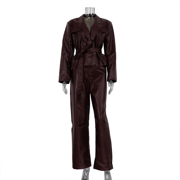 . 2026 Spring Autumn New Vintage Green Collar Jacket With Belt And High-Waisted Leather Pants Fashion Set For Women_ecoleips.com