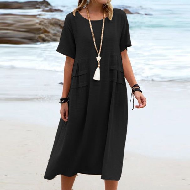 Women's Summer Casual Dress Loose Fit Round Neck Short Sleeve Mid Length Cotton Linen Solid Color_ecoleips.com