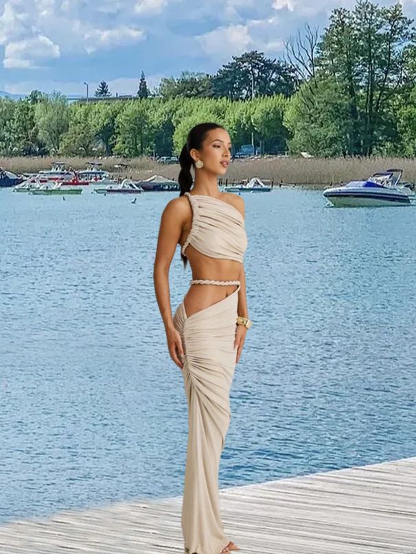 Women's Clothing Collar Sling Women's Clothing Sleeveless Hip Wrapped Waist Revealing Backless Long Skirt Holiday Style_ecoleips.com