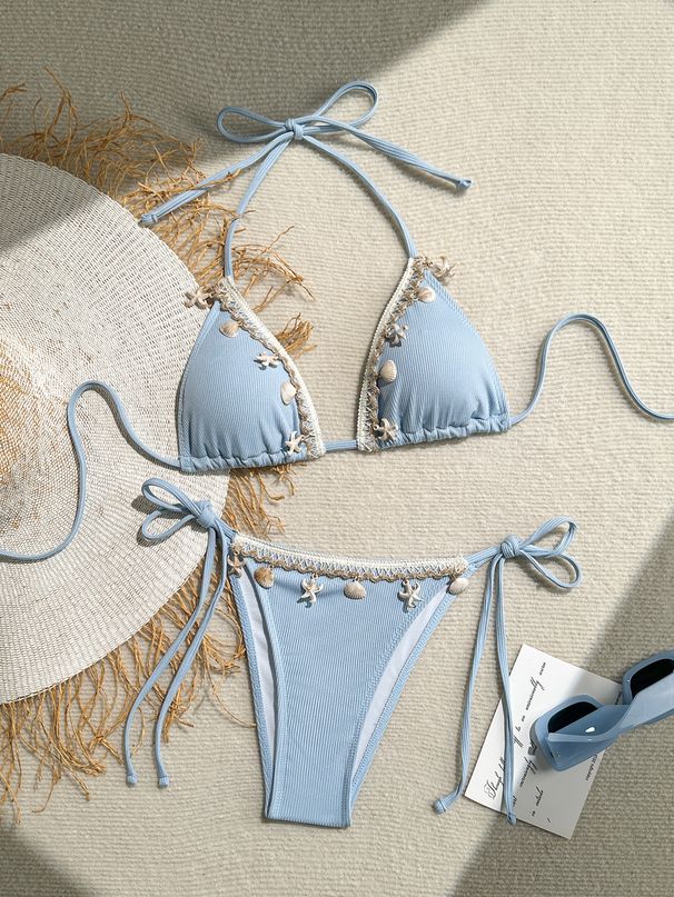 Women's Clothing Swimsuit Women New Shell Bikini Triangle Cup Sexy Halter Neck Strap Lace Up Swimsuit_ecoleips.com