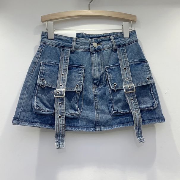 Women's Denim Pants 2024 Summer Pink Youthful Pocket Strap Anti-Exposure A-Line Slimming Workwear Short Skirt_ecoleips.com