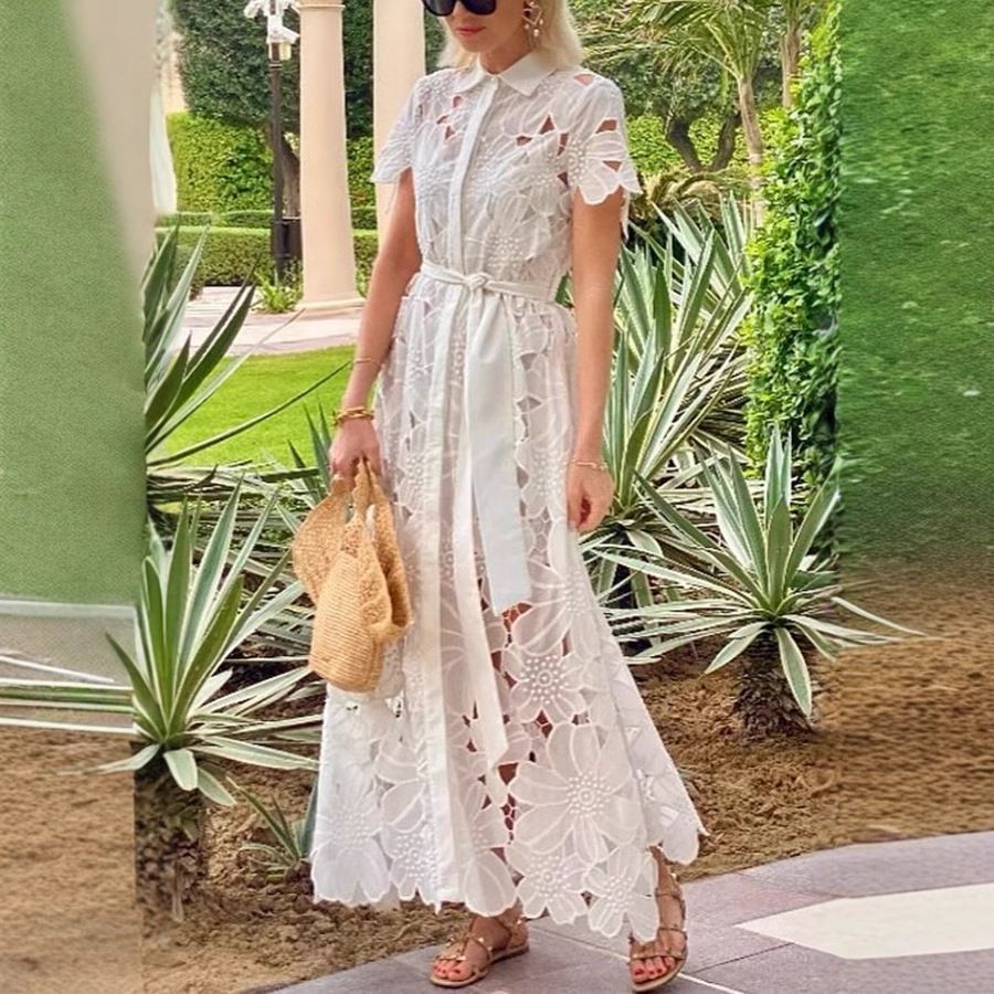 Women's Solid Color Lace Cardigan Casual Dress Single-Breasted European American Fashion Independent_ecoleips.com