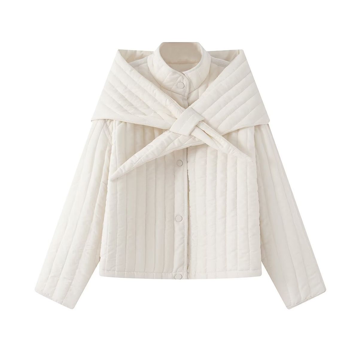 Quilted Detachable Scarf Cotton Jacket For Women - Loose Fit Stand Collar Winter Coat, Casual Outerwear_ecoleips.com