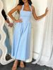 Women Halter LightBlue Linen GatheredWaist FlowyMaxi Dress Minimalist Boho Vacay SpringSummer Coastal BeachBrunch Breathable_ecoleips.com