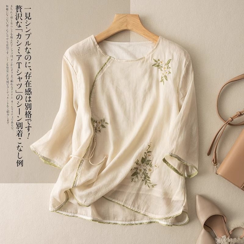 Cotton And Linen Artistic And Retro Five-Sleeved Short-Sleeved Top, Exquisite Embroidered T-Shirt And Mini Shirt, Versat_ecoleips.com