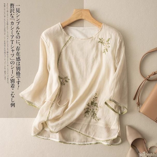 Cotton And Linen Artistic And Retro Five-Sleeved Short-Sleeved Top, Exquisite Embroidered T-Shirt And Mini Shirt, Versat_ecoleips.com