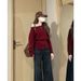 girl Red Off-Shoulder Long Sleeve Knitted Loose Sweater Top For Women, Autumn And Winter 2025 New Christmas Outfit_ecoleips.com