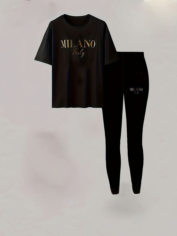 Women's Clothing American Fashion Set Short Sleeve T-Shirt & Trousers Casual Style Polyester Spring Autumn Summer Wear_ecoleips.com