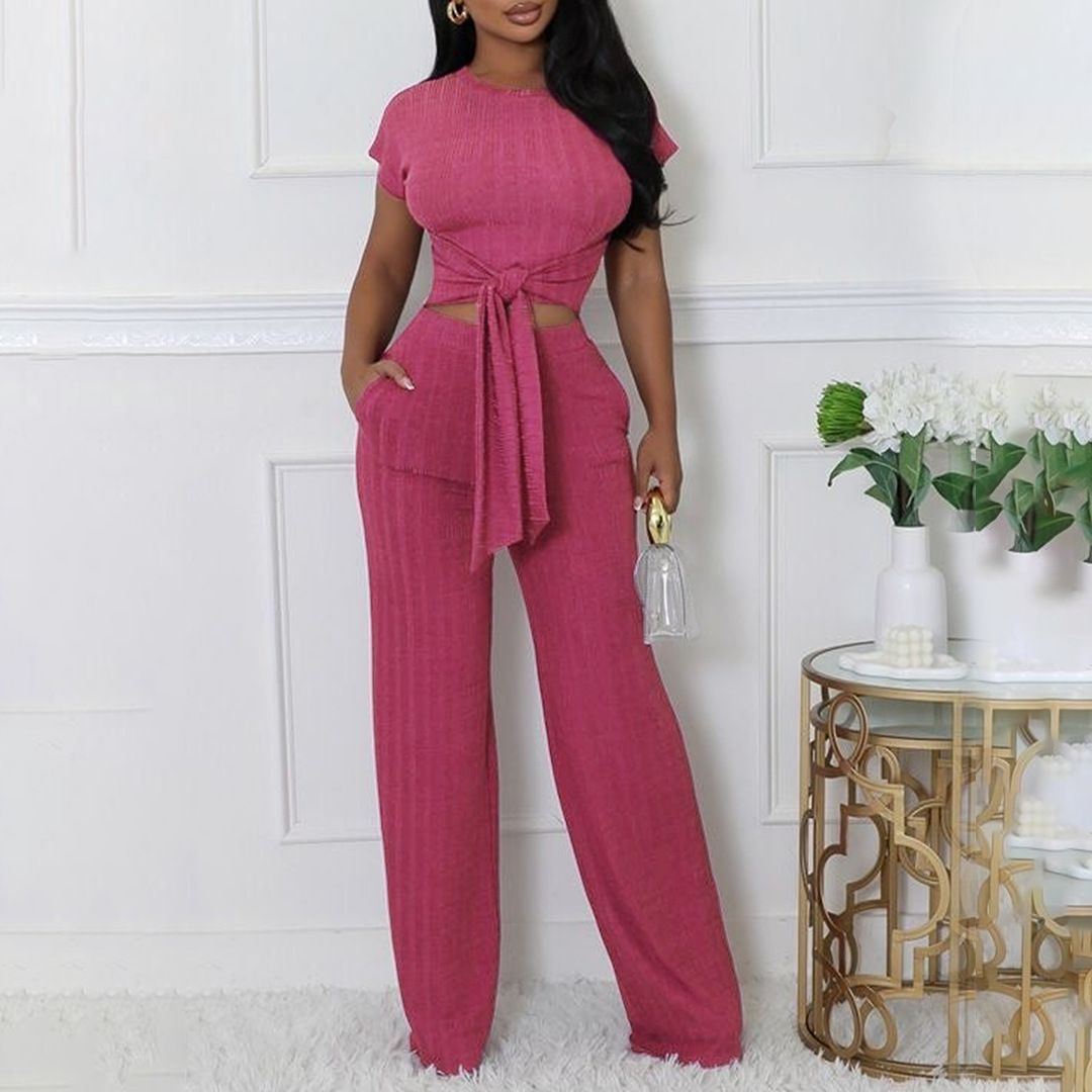 31377 Round Neck Pullover Design Sense Casual Slim Sexy Personality Fashion Women's Pants Set_ecoleips.com