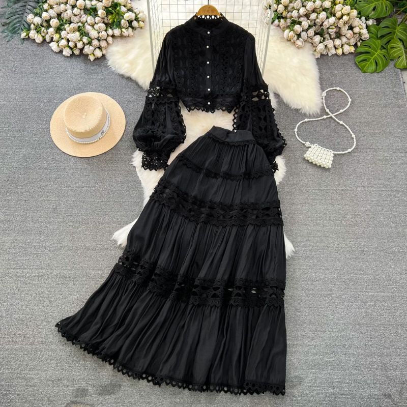 Women Standing Collar Hollowed Out Lace Top Two-piece High Waisted Skirt_ecoleips.com