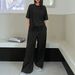 Women's Shimmering Silver Sequined Casual Set Minimalist Style Two Piece Outfit with Drawstring Wide Leg Pants And Short Sleeves Black_ecoleips.com