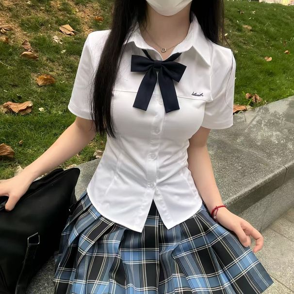 Original Yuteng School-style Versatile Embroidered White Slim-fit JK Uniform College Short-sleeve Shirt Top_ecoleips.com