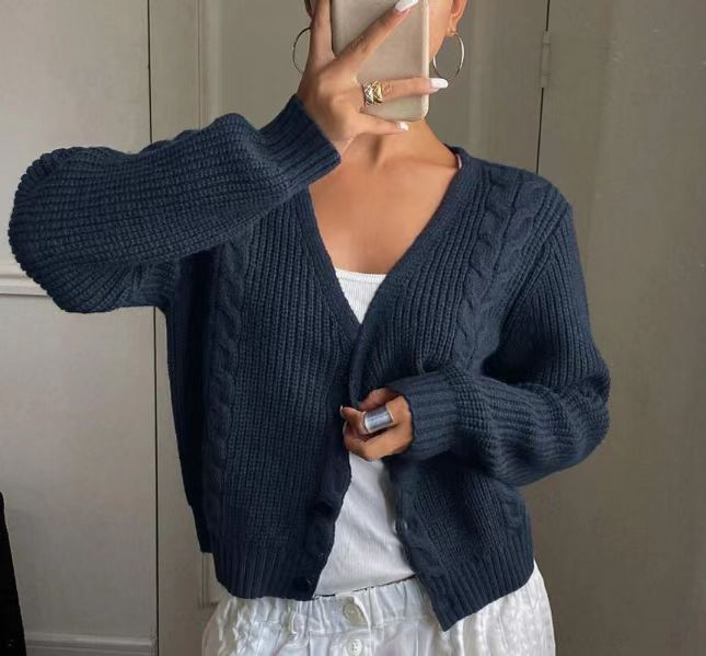 "Effortless Korean Cardigan – Women's Chunky Knit Button-Up Sweater (Navy Blue, S-XXL, V-Neck Open Front, Lazy Aesthetic)"_ecoleips.com