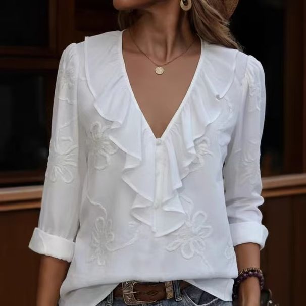 Women's V-Neck Embroidered Blouse – Elegant Flounce Sleeve Loose Fit Top With Vintage-Inspired Details (S-5XL, 6 Colors)_ecoleips.com
