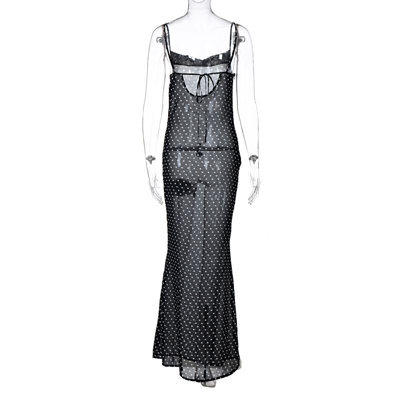European And American Style Sexy Strap 2024 Spring New Mesh See-through Back Tie Long Dress Wholesale_ecoleips.com