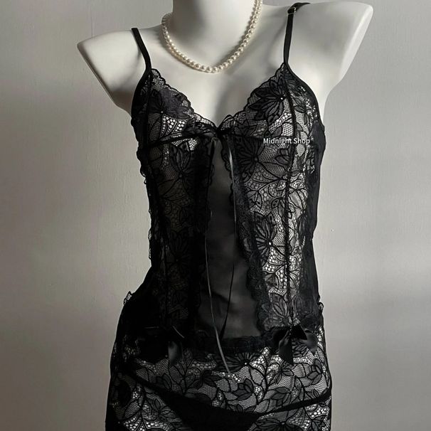 Sexy Deep V Erotic Underwear See-through Temptation Nightdress Pure Desire Charm Buttocks Wrapping Lace Suspender Strap Pajama Set_ecoleips.com