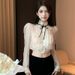 Unique Stand-collar Ruffled Edge Spring Design Elegant Mesh Blouse Women's Shirt New Court Style With Bow_ecoleips.com