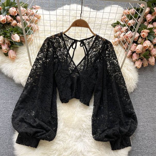 Slimming Short Crochet Lace Top Women's Backless Lace up Korean Fashion Chic Versatile New Autumn Style See through Blouse_ecoleips.com