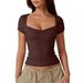 Women's Sweetheart Neck Short Sleeve Crop Top - Solid Color Slim Fit Basic Tee For Casual Wear_ecoleips.com