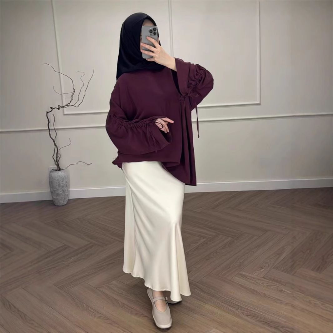 New Muslim Loose Long Sleeve Top And Color Block Skirt Set_ecoleips.com