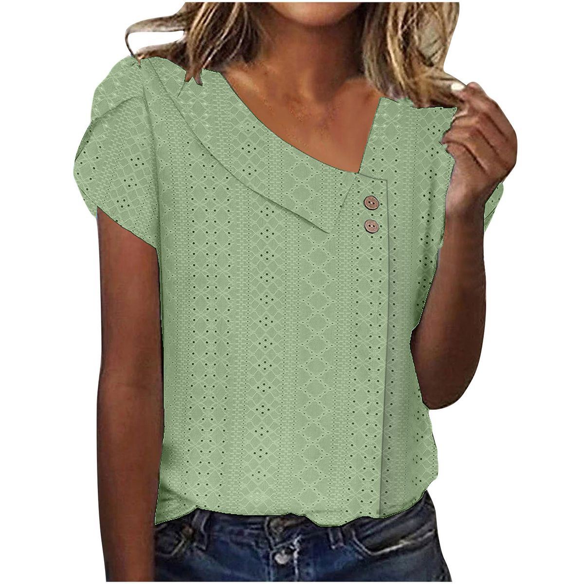 Women's Clothing Pullover V Neck Solid Color Button Top Summer Short Sleeved Loose Women's T Shirt_ecoleips.com