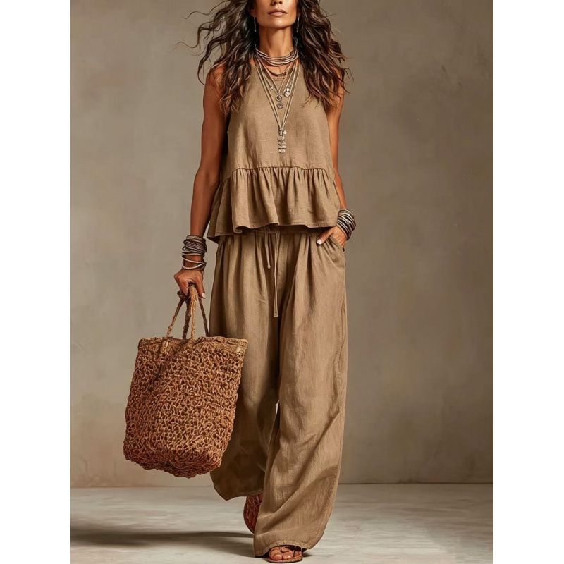 Women's Clothing Summer Women's Ruffle Sleeveless Wide Leg Suit Casual Cotton Linen Blend Style Fashion For Formal & Casual For Women_ecoleips.com