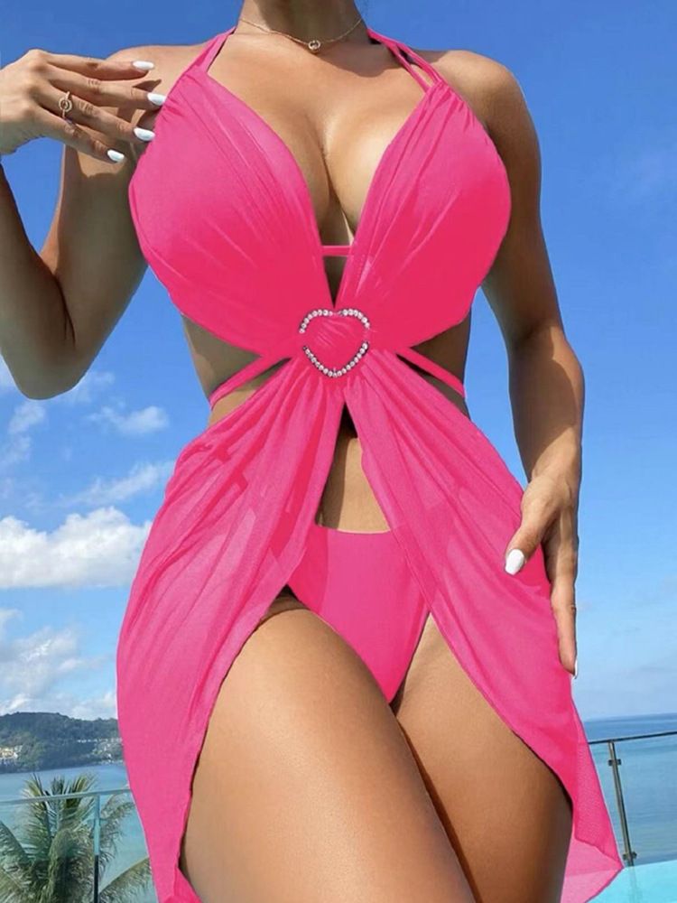 Women's European American Style Solid Color Halter Neck Bikini Three Piece Swimsuit Sexy Wire-Free Vacation Swimwear_ecoleips.com