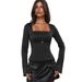 Voya Unique Design Black Top For Women With Square Neckline, M-shaped Metal Buckle, Pleated Details, Slightly Flared Long_ecoleips.com