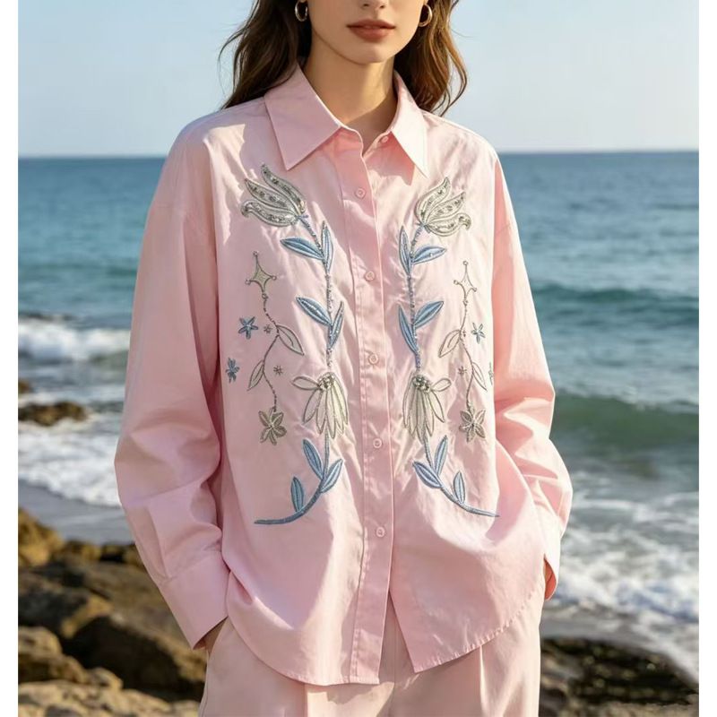 Women's Clothing Women's Style Long Sleeved Shirt Style Loose Collar Top With Stylish Design Heavy Duty Embellishments_ecoleips.com