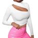 Women's Trendy Hollowed Out High Neck Long Sleeve T-Shirt Fashion Spring Summer Short Design Top_ecoleips.com